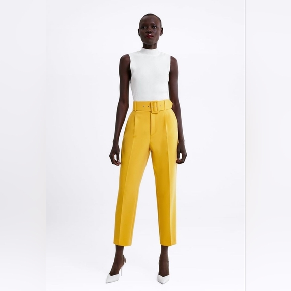 ZARA Yellow High Waisted Belted Trousers Pleated Tailored Cropped Pants Medium - Picture 2 of 13